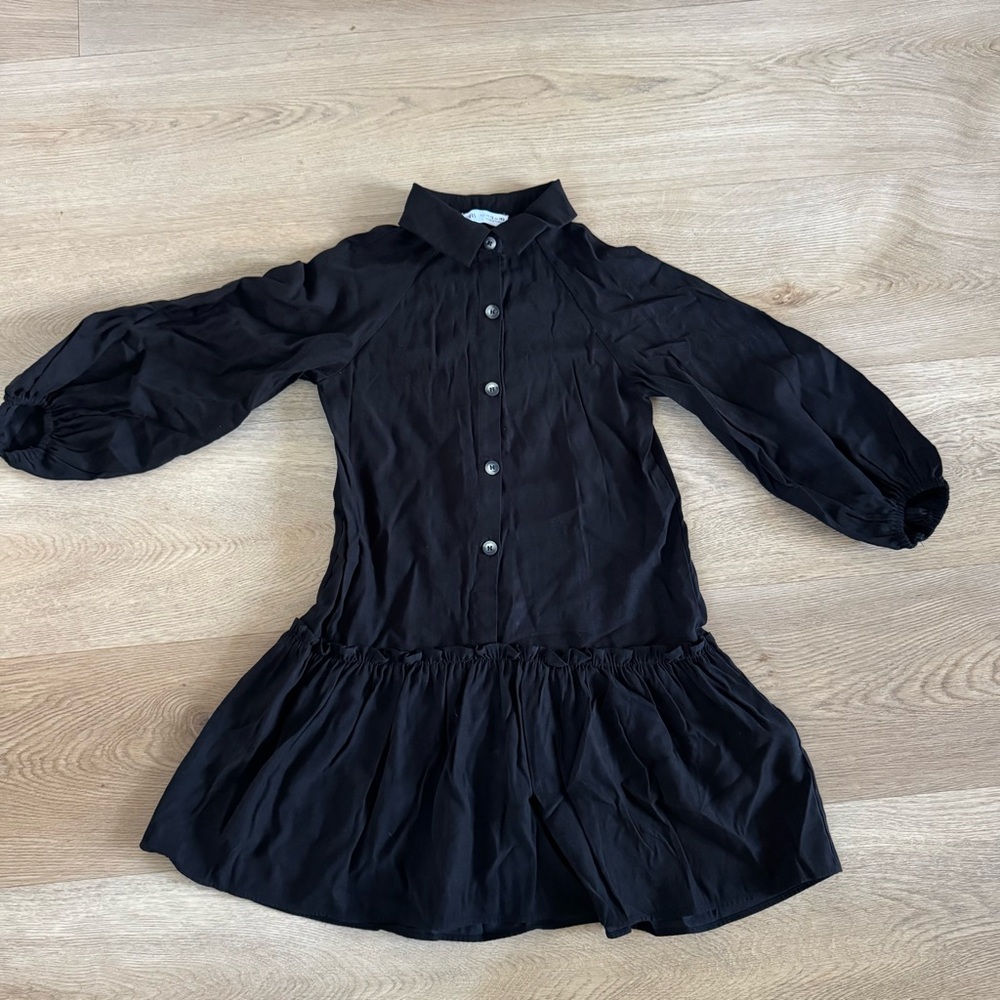 Zara Button Up Shirt Dress Balloon Sleeves Collar Black 11-12